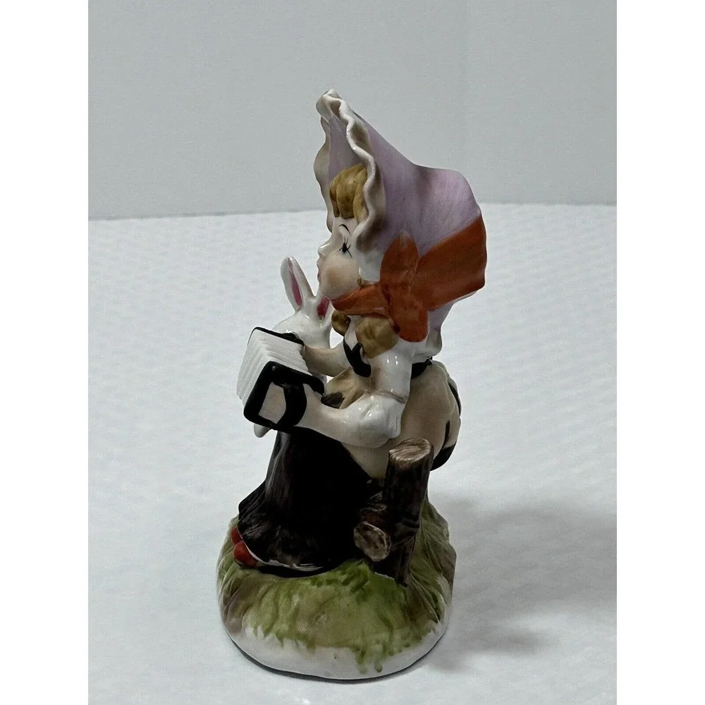 Vintage Porcelain Girl On Fence Playing‎ Accordion with Bunny Rabbit Figurine